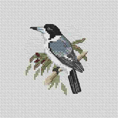 Grey Butcher Bird cross stitch kit with hoop