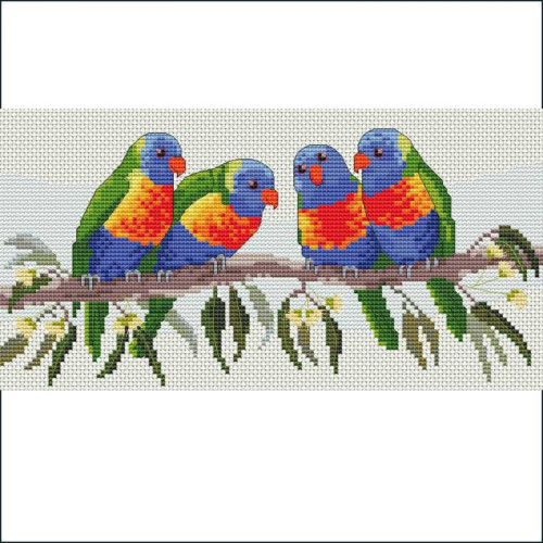Lorikeet Palaver PDF cross stitch pattern is a Maureen Maguire design from Caronie