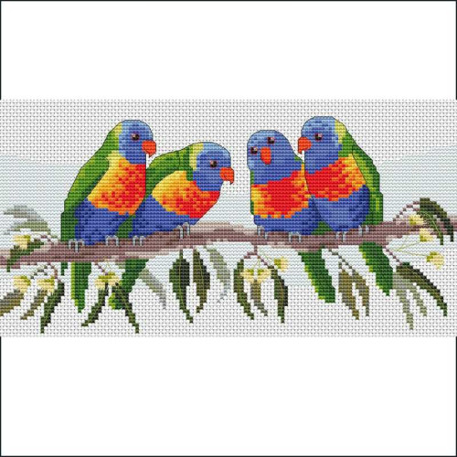 Lorikeet Palaver PDF cross stitch pattern is a Maureen Maguire design from Caronie